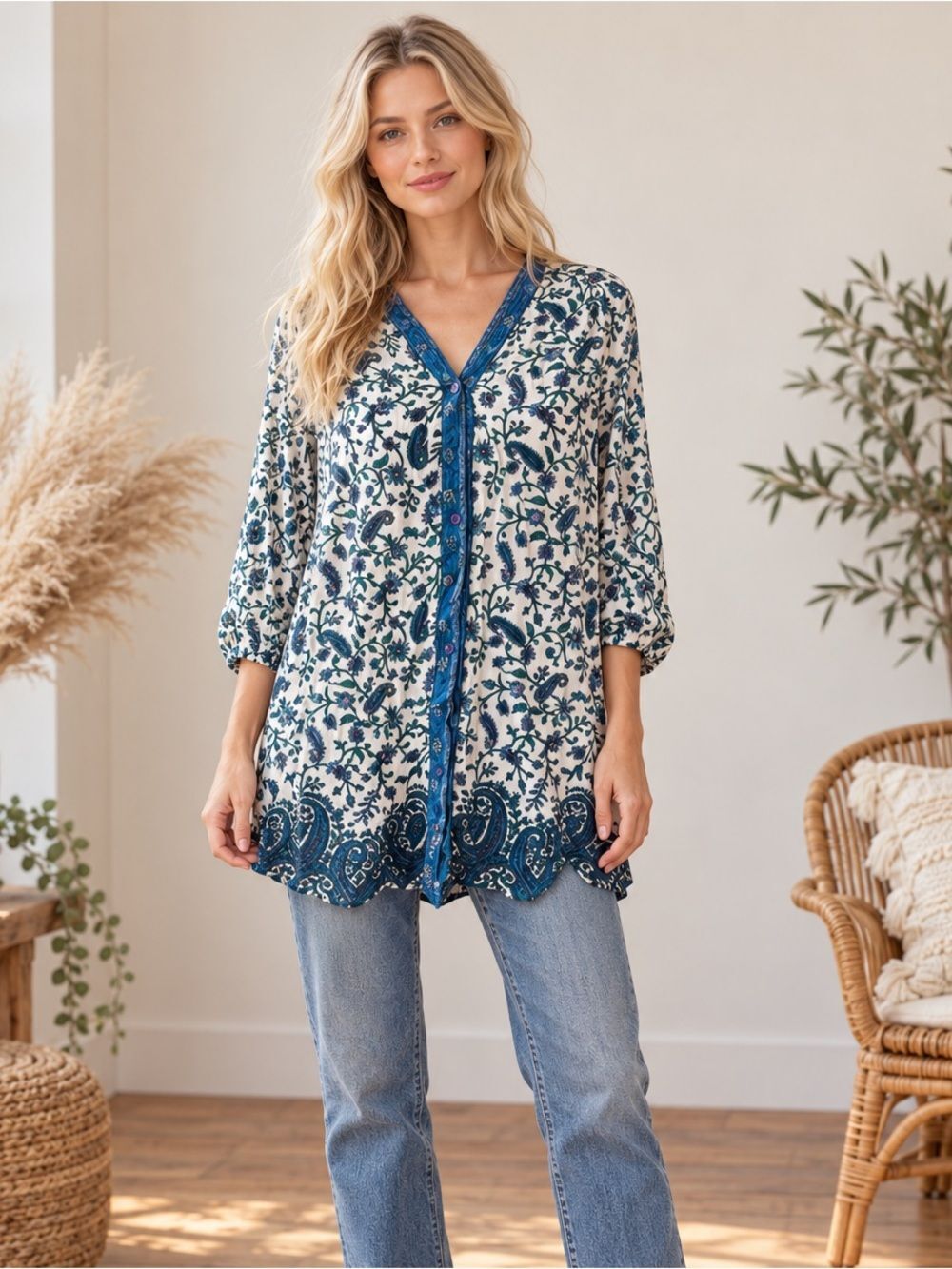 Anthropologie Tolani Blue and Green Bohemian Floral V-Neck Button Front Top